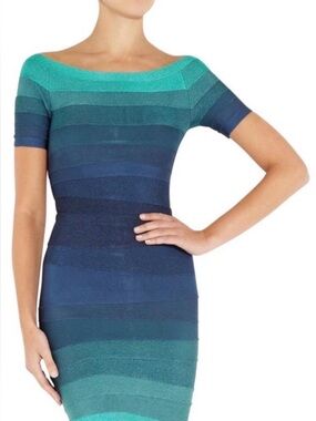 Herve Leger bandage dress bodycon teal & navy ombré eclipse combo M vintage